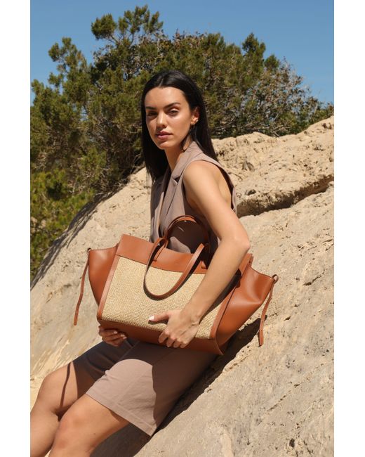 Saonara Brand Brown Neutrals Shopping Bag Caramel Raffia Leather