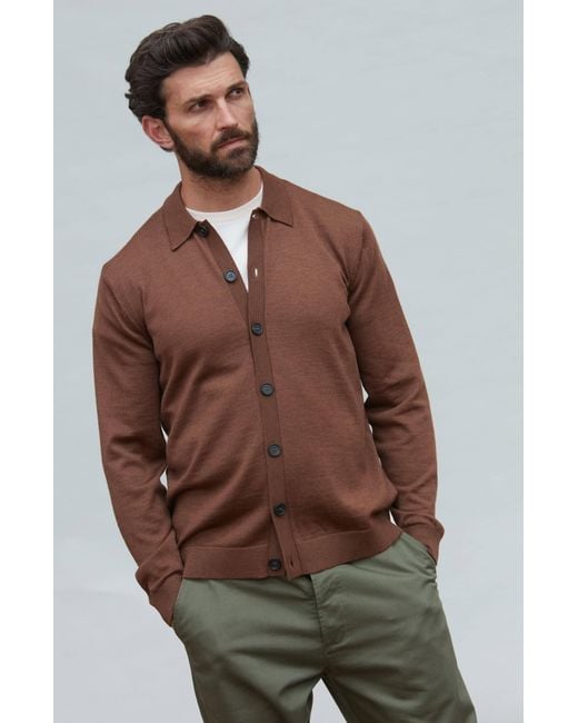 Paul James Knitwear Brown Extra Fine Merino Wool Cassiuss Polo Cardigan for men
