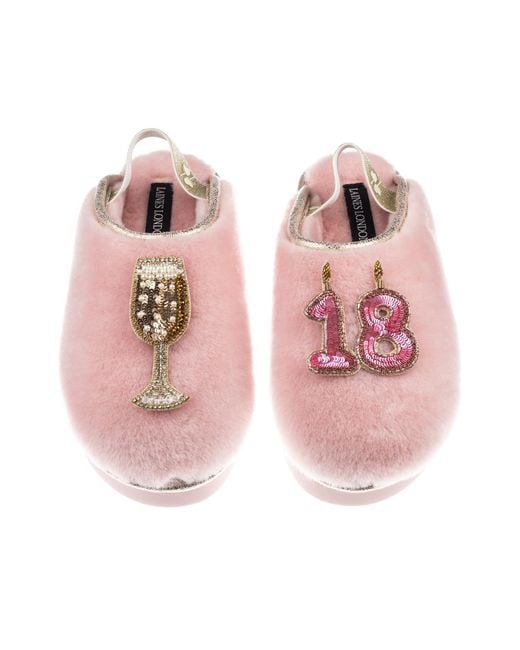 Laines London Pink Flatform Cloud Closed Toe Slippers With 18Th Birthday & Champagne Glass Brooches