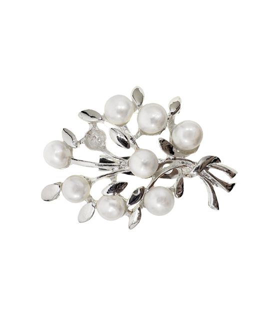 Farra Metallic Silver Color Leaf Adorned With Freshwater Pearls Brooch