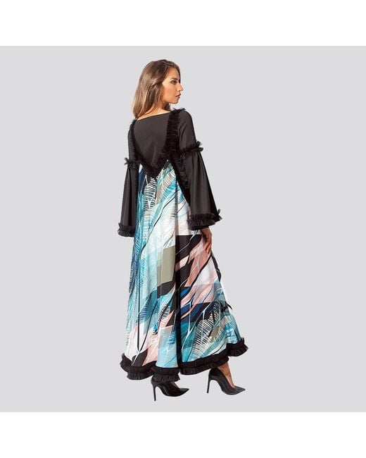 Maison Bogomil Blue Flared Maxi Dress, Edged With Tulle, With Tropical Print