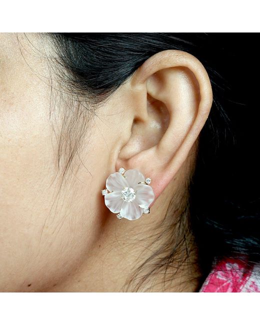 Artisan Multicolor 14K Carved Crystal & Diamond Flower Stud Earrings