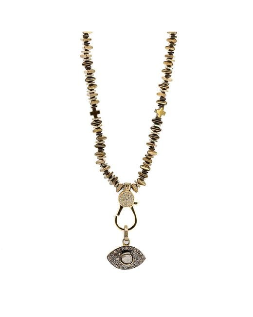 Ebru Jewelry Metallic Pave Diamond & Gold Evil Eye Pendant Hematite Stone Beaded Necklace