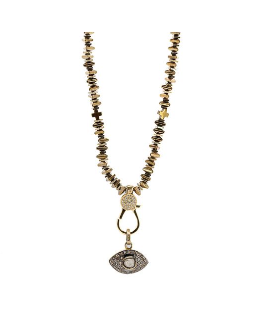 Ebru Jewelry Metallic Pave Diamond & Gold Evil Eye Pendant Hematite Stone Beaded Necklace
