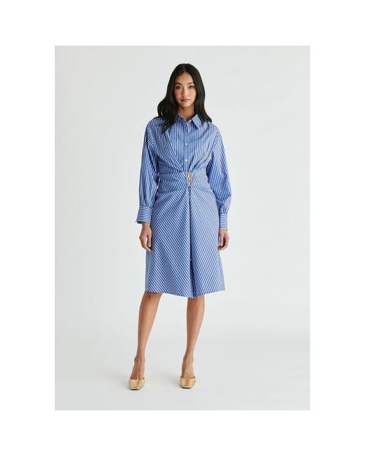 Paisie Blue Asymmetric Striped Shirt Dress With Button Detail