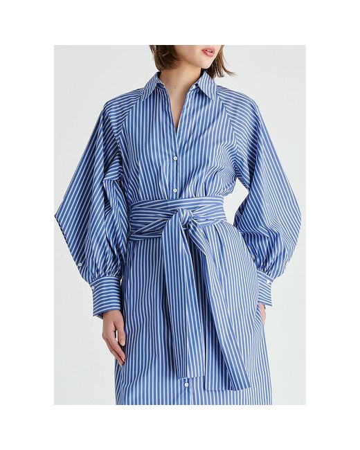 Paisie Blue Striped Volume Sleeve Shirt Dress With Matching Tie Belt