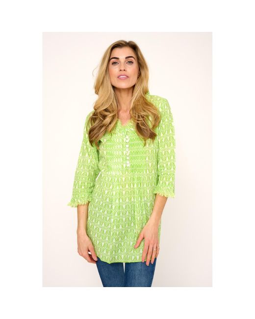 At Last Green Sophie Cotton Shirt In Fresh Lime & White