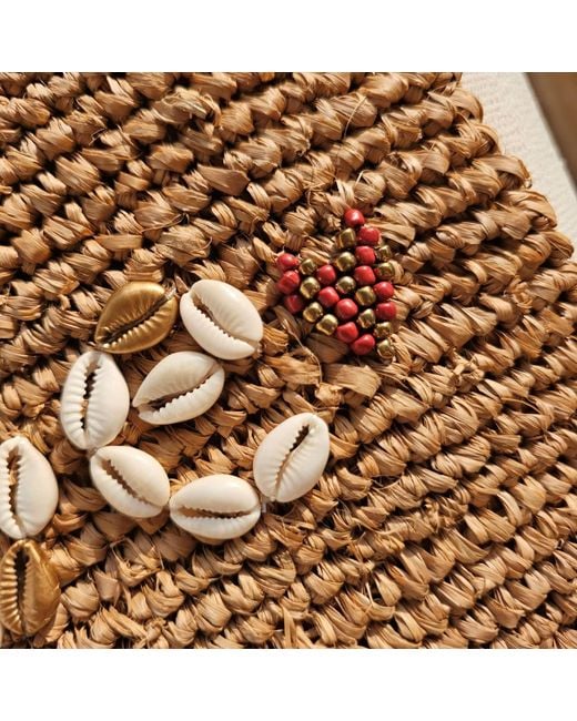 OhSun Brown Neutrals Love Raffia & Shell Clutch