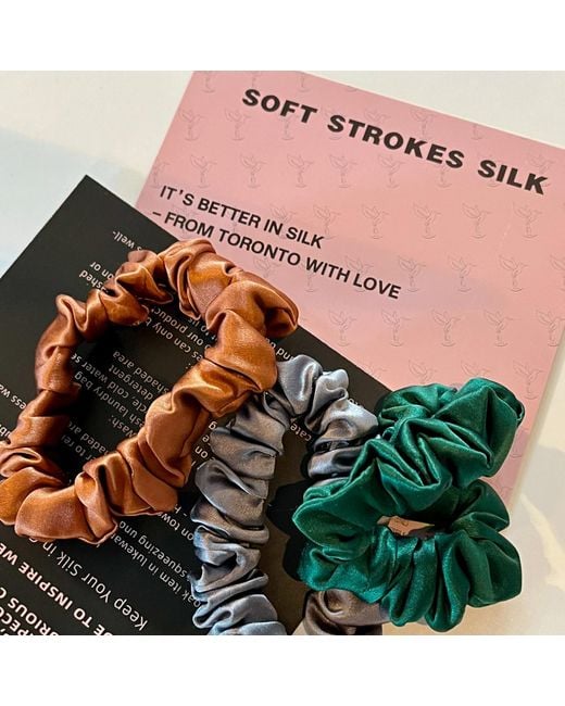 Soft Strokes Silk Green Set Of Three Pure Mulberry Silk Mini Scrunchies Weekly Special Hair Ties Autumn Jewels