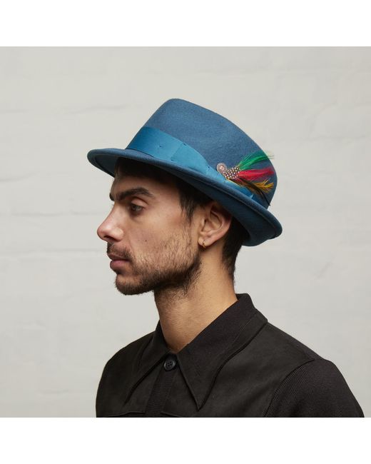 Dasmarca Hats Blue Darwin Felt Trilby With Feather for men
