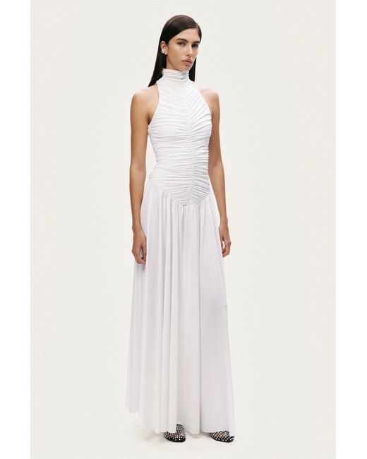 Nocturne White Ruched High-Neck Maxi Dress
