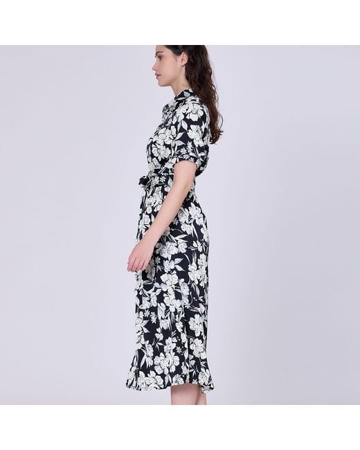 Smart and Joy Black Macro Flower Print Midi Shirt-Dress