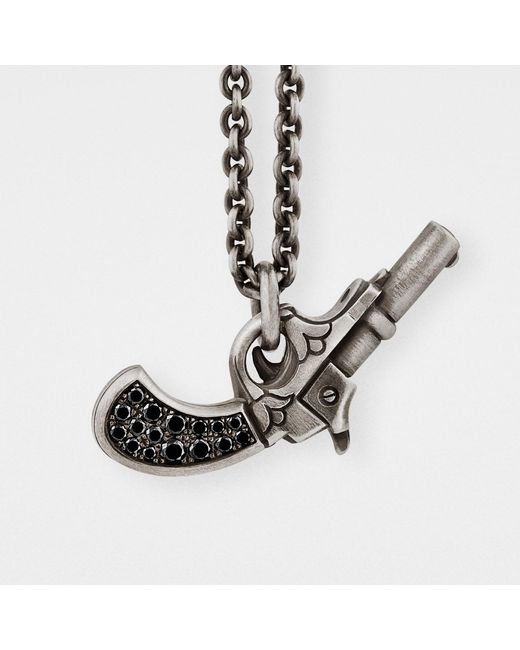 Snake Bones Metallic Gun Pendant In Sterling Silver With Black Diamonds for men
