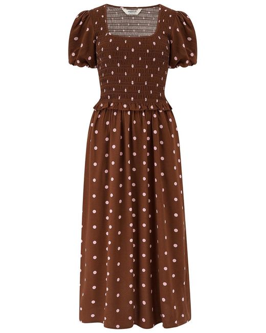 Sugarhill Brown Lyra Shirred Midi Dress, Polka