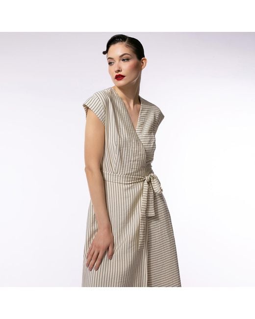 Larisa Dragna Natural Neutrals Striped Wrap Midi Dress – Retro Elegance