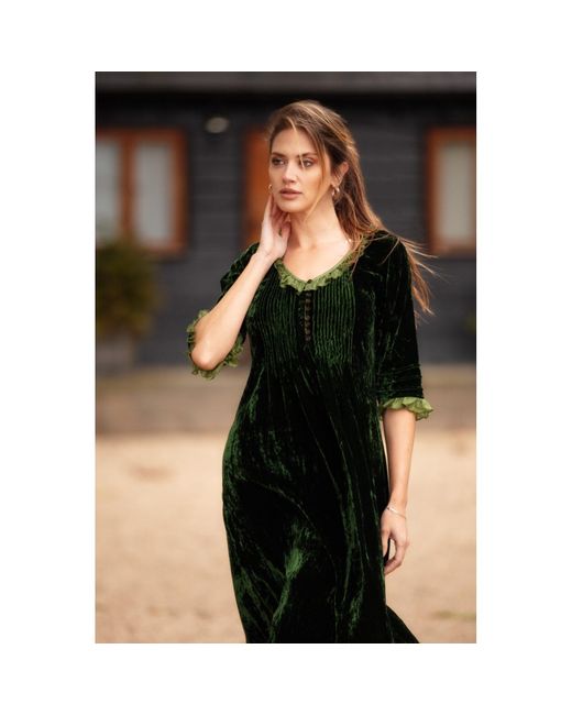 At Last Green Silk Velvet Karen Dress In Forest
