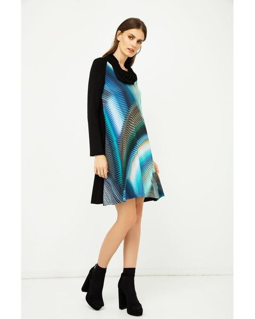 Conquista Blue A Line Print Dress With Turtle Neck