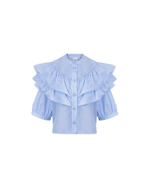 AOIFE Blue Short Sleeve Ruched Cotton Silk Blouse