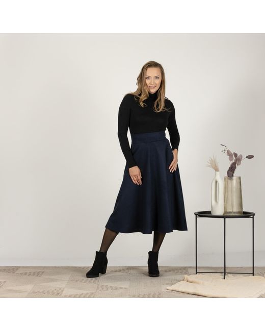 Nikka Place Blue Dark Wool Skirt Below The Knee With High Waist & Pockets
