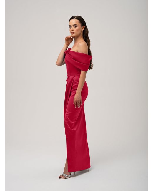Tia Dorraine Red Heavenly Kissed Draped Satin Maxi Dress