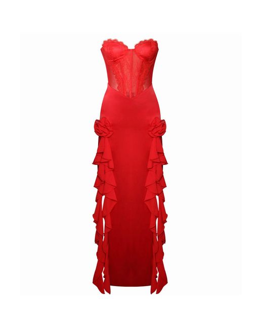Miss Circle New York Red Talia Satin Lace Corset Maxi Dress