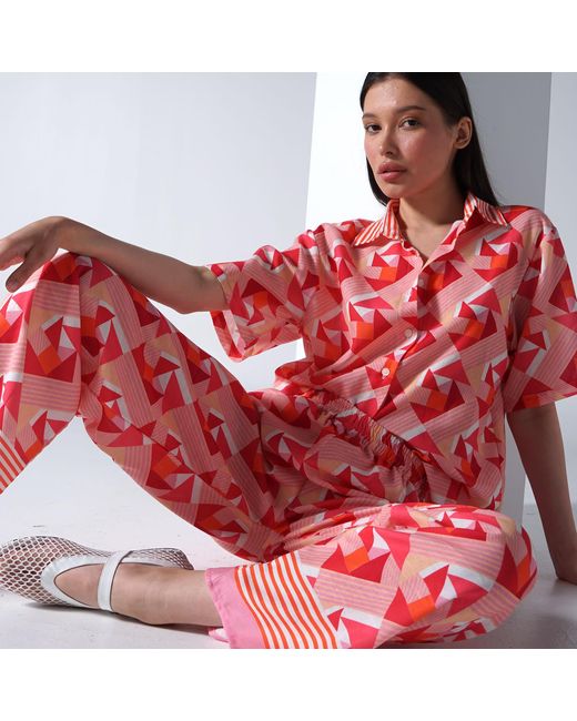 LOVEIST STORE Red Coral Geometric Linen-Feel Wide Leg Trousers