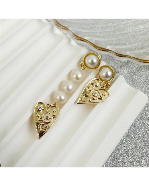 Farra Metallic Heart Dangle Freshwater Pearls Asymmetric Earrings