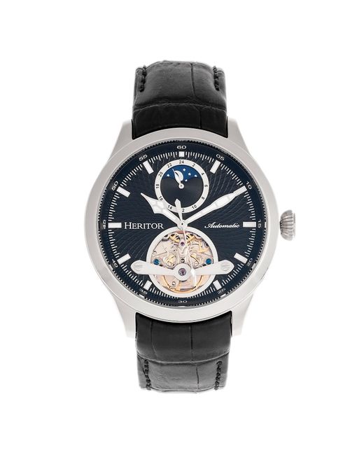 Heritor Metallic Gregory Semi-skeleton Leather-band Watch With Moon Phase for men