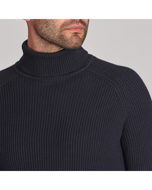 Paul James Knitwear Blue Midweight Cotton Bernard Ribbed Roll Neck Jumper for men
