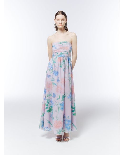Sour Figs Blue Watercolour Wildflower Strapless Maxi Dress