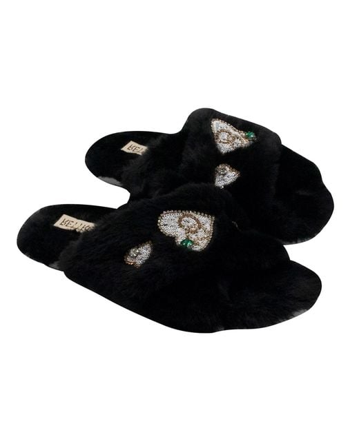 Rettrose Black Emmy Luxury Plush Diamanté Embellished Handmade Slipper