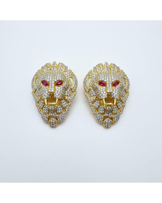 Silver & Elegant Co. White The Majestic Crystal Lion Studs