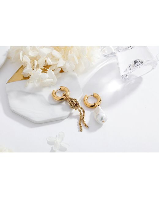 Classicharms Metallic Asymmetrical Rope Chain Baroque Pearl Drop Earrings