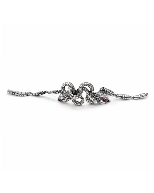 Unaloe Metallic Sterling Double Snake Bracelet With Natural Rubies – Italian Serpent Jewelry, Luxury Statement Bracelet For