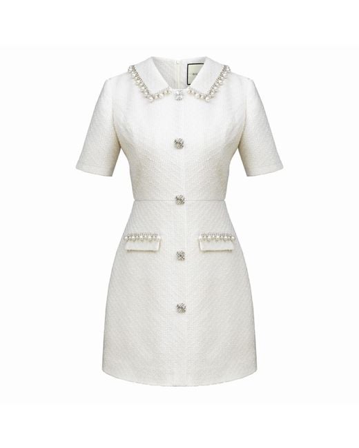 Gushka White Tweed Embellished Mini Dress