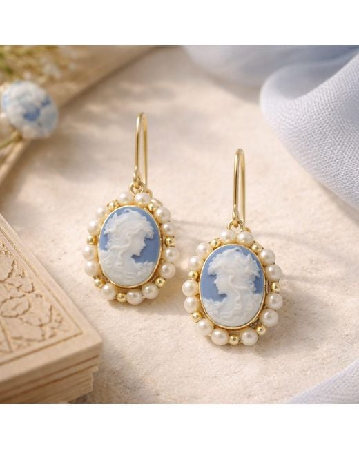 Vintouch Italy Little Lovelies Gold-plated Sky Blue Cameo Pearl Earrings