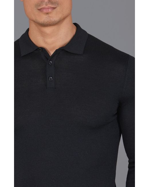 Paul James Knitwear Blue Extra Fine Merino Wool Turner Long Sleeve Polo Shirt for men