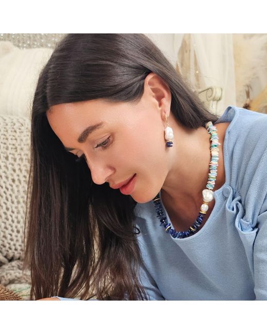 Farra White Elegant Baroque Pearl With Kyanite Earrings