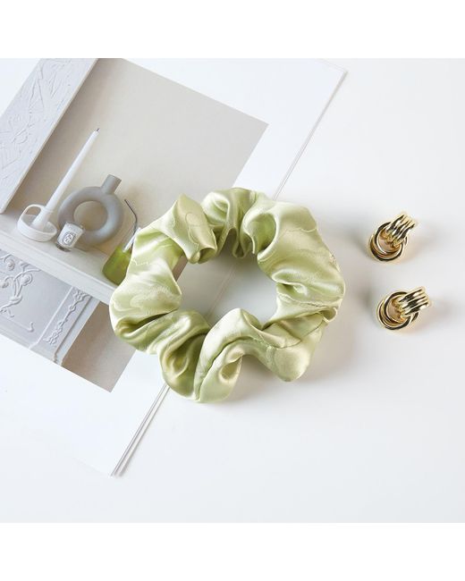 Soft Strokes Silk Green Pure Mulberry Silk French Scrunchie, Jacquard Silk, Set Of Three In Cloud