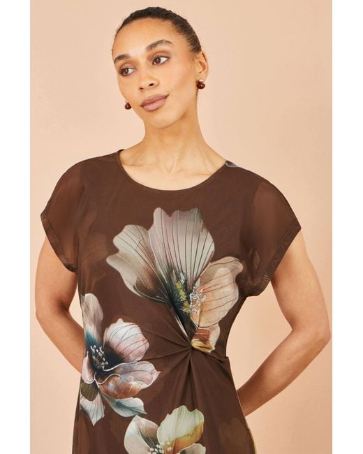 Yumi' Brown Mesh Floral Midi Dress