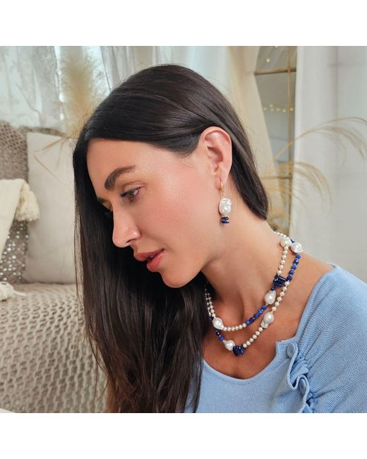 Farra White Elegant Baroque Pearl With Kyanite Earrings