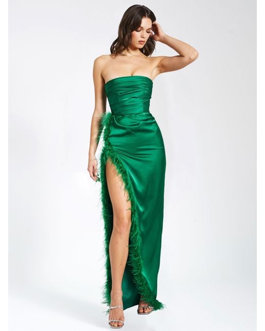 Miss Circle New York Green Perrin Emerald Feather Dress High Slit Gown