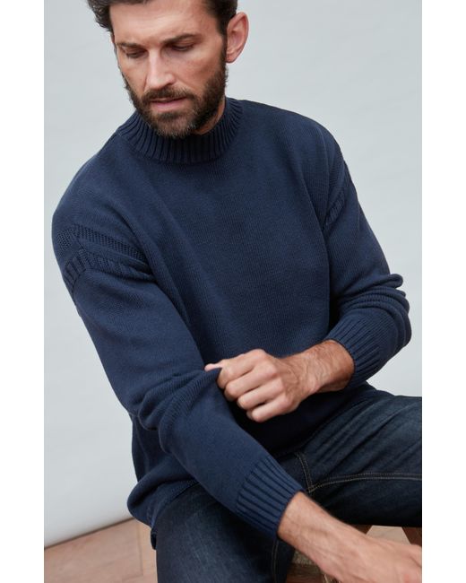 Paul James Knitwear Blue Midweight Cotton Linen Sark Mock Neck Gansey Jumper for men