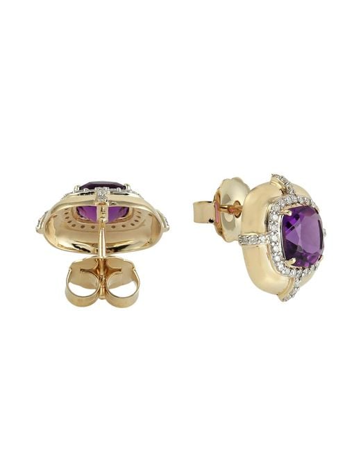 Artisan Purple Cushion Cut Amethyst And Diamond Stud Earrings