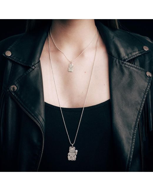 CarterGore Metallic Silver Lucky Cat Pendant Necklace Large
