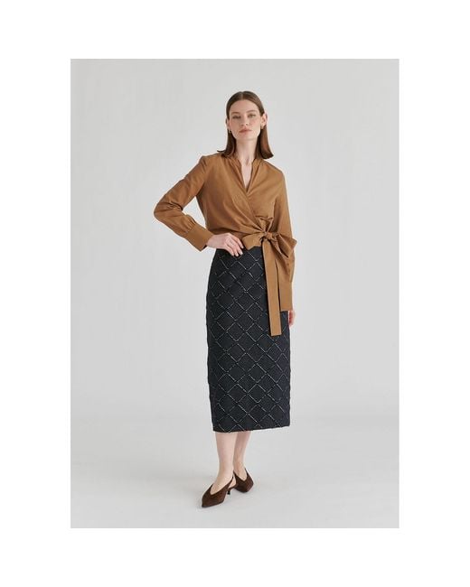 Paisie Brown Split Collarless Wrap Top With Side-Tie Waist