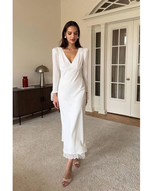POST MERIDIEM White Fitted Midi Dress With Lace
