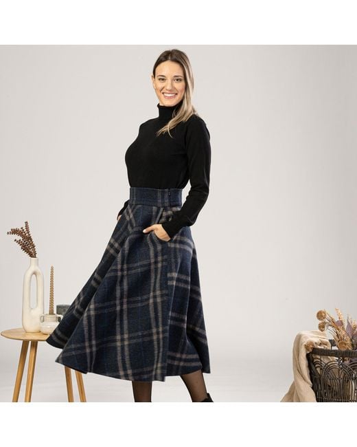 Nikka Place Blue Wool Midi Tartan Skirt With High Waist & Pockets