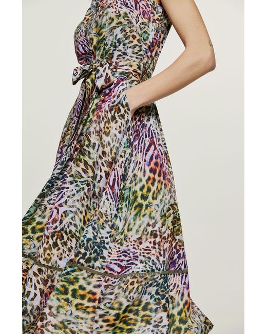 Conquista Green Animal Print Sleeveless Dress With Belt