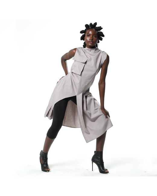Metamorph Gray Sleeveless Pleated Tunic With Front Pocket